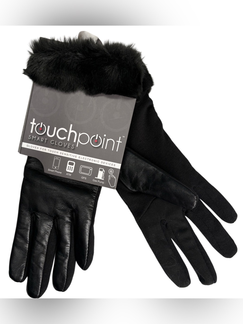 NWT  WOMENS TOUCHPOINT LEATHER - POLYESTER LINED SMART GLOVES FUR TRIM SIZE S/M